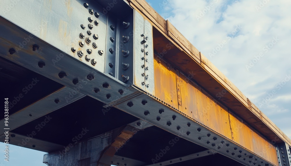 Obraz premium A low angle view of a rusted steel bridge against a blue sky.