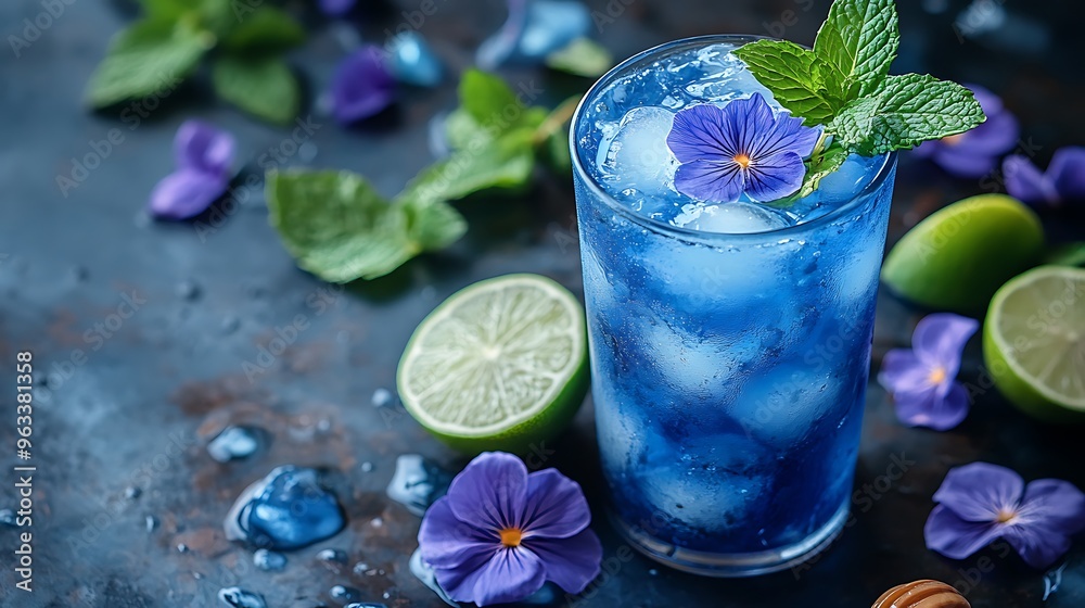 Blue refreshing summer drink with lime, mint and edible flowers. Blue refreshing summer drink with lime, mint and edible flowers.