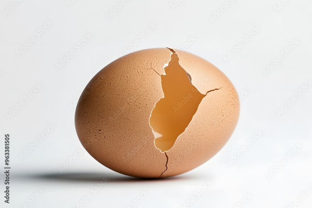 A brown egg with an open crack on the side, white background A brown egg with an open crack on the side, white background