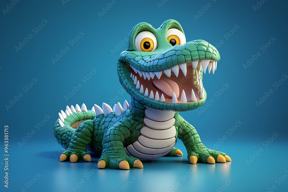 Fototapeta premium A cartoon crocodile with a big smile and sharp teeth, is shown on a light blue background.