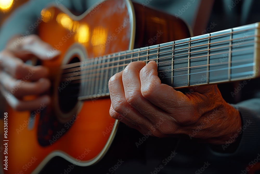 Fototapeta premium A close up of a persons hands skillfully playing a musical instrument such as a guitar or piano