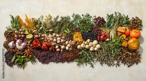 An Assortment of Dried Herbs, Spices, and Fruits Arranged in a Row photo