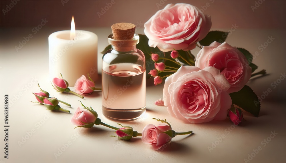 A glass bottle filled with rose essential oil is surrounded by a white candle and delicate pink roses in full bloom and bud form. Rose Oil, Aromatherapy, Relaxation, Romantic, Natural Fragrance A glass bottle filled with rose essential oil is surrounded by a white candle and delicate pink roses in full bloom and bud form. Rose Oil, Aromatherapy, Relaxation, Romantic, Natural Fragrance