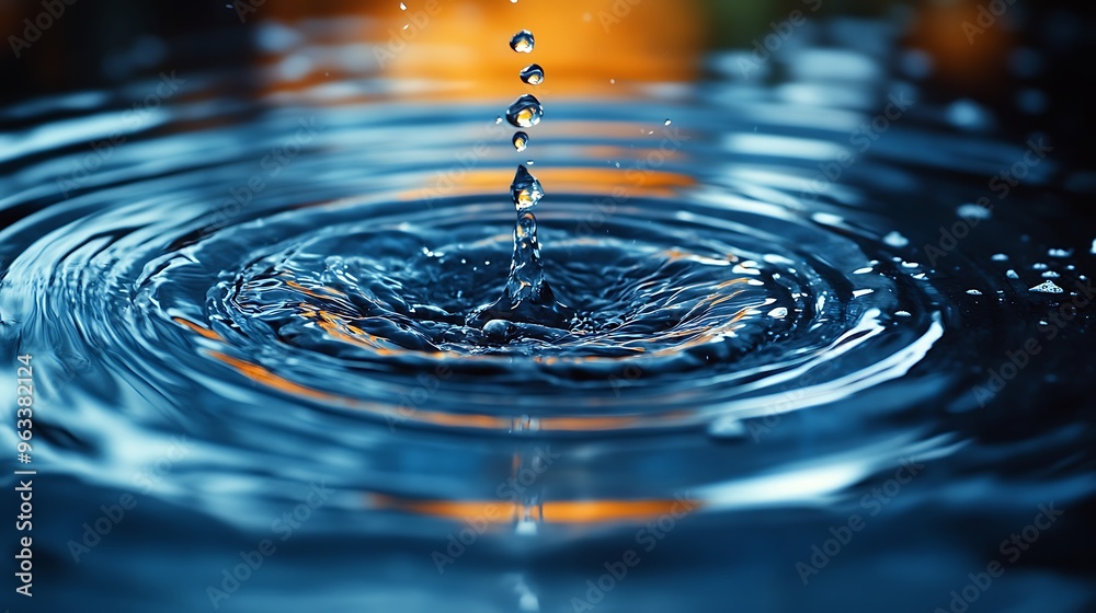 A single water drop creates ripples and a splash as it falls into a still body of water. A single water drop creates ripples and a splash as it falls into a still body of water.