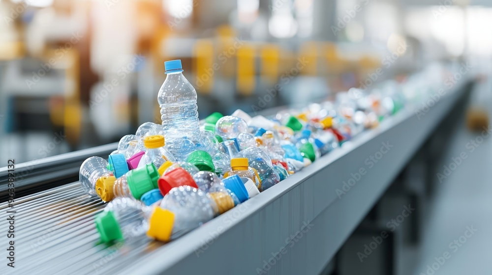 Plastic waste moving along a conveyor belt in a modern recycling plant Plastic waste moving along a conveyor belt in a modern recycling plant
