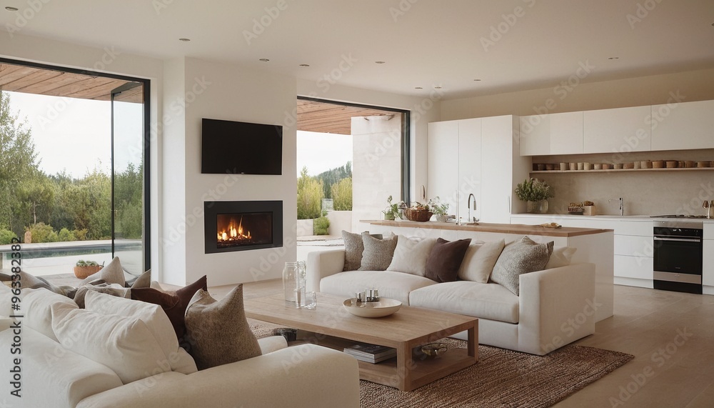 3D rendering of a modern-styled living room with fireplace 25