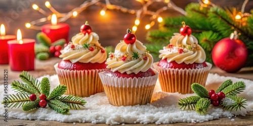 Christmas cupcakes decorated with candles and festive ornaments