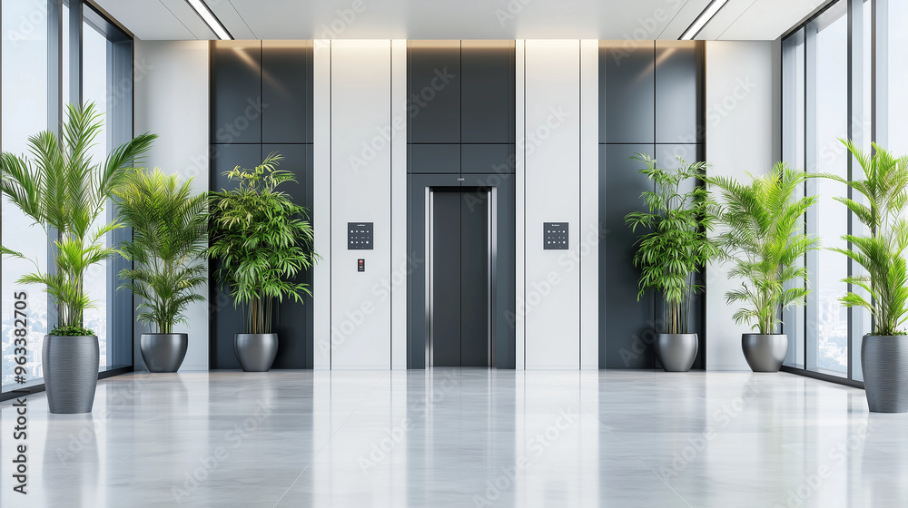 Fototapeta premium Modern Office Building Lobby With Elevator and Plants.
