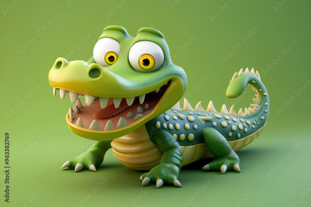 A cartoon crocodile with big eyes and a toothy grin sits on a green background. A cartoon crocodile with big eyes and a toothy grin sits on a green background.