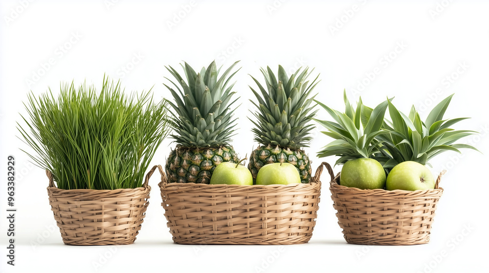 Three Wicker Baskets With Green Fruits and Plants. Three Wicker Baskets With Green Fruits and Plants.