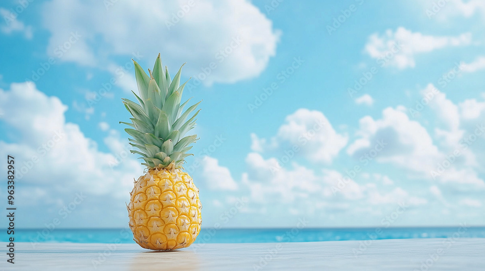 Pineapple on a wooden surface against the backdrop of the sea and sky. Pineapple on a wooden surface against the backdrop of the sea and sky.