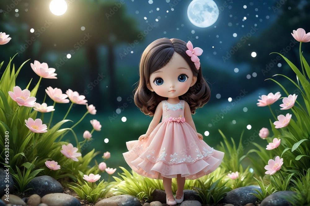 Fototapeta premium Cute little 3D doll in children's cartoon style, animated fantasy. Artistic background. Art illustration. Book illustration. Cartoon stylized illustrated art.