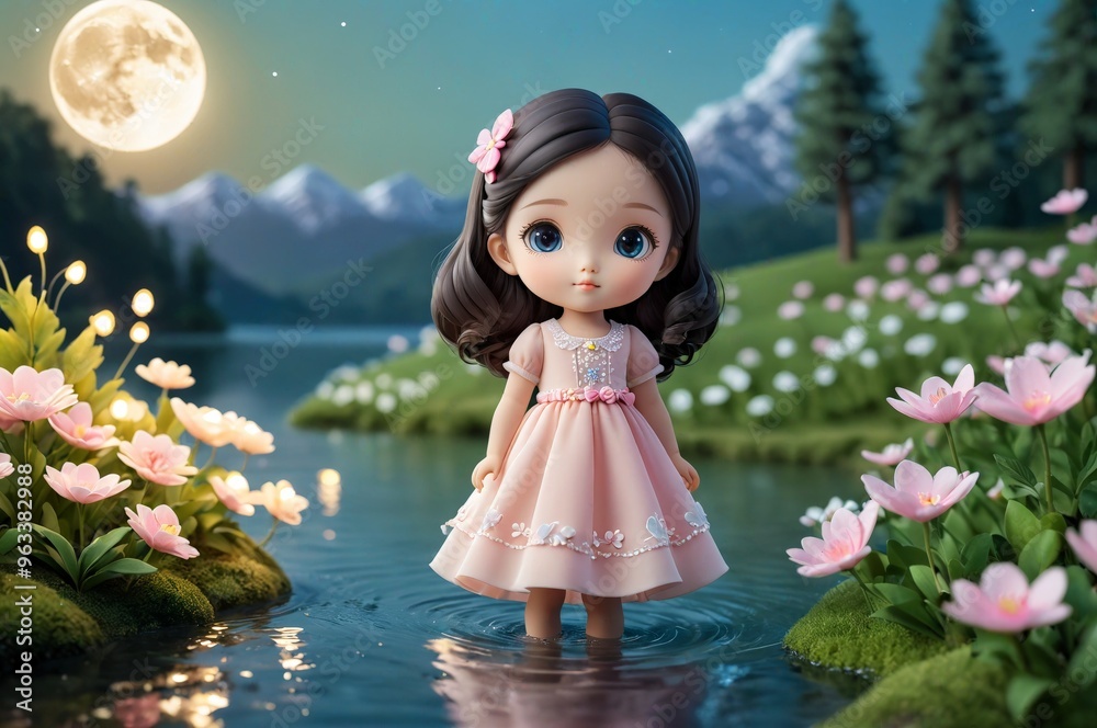 Fototapeta premium Cute little 3D doll in children's cartoon style, animated fantasy. Artistic background. Art illustration. Book illustration. Cartoon stylized illustrated art.