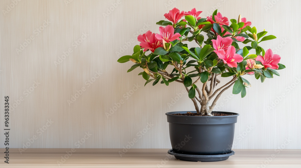 Fototapeta premium Pink Flower Bonsai on Wooden Table.