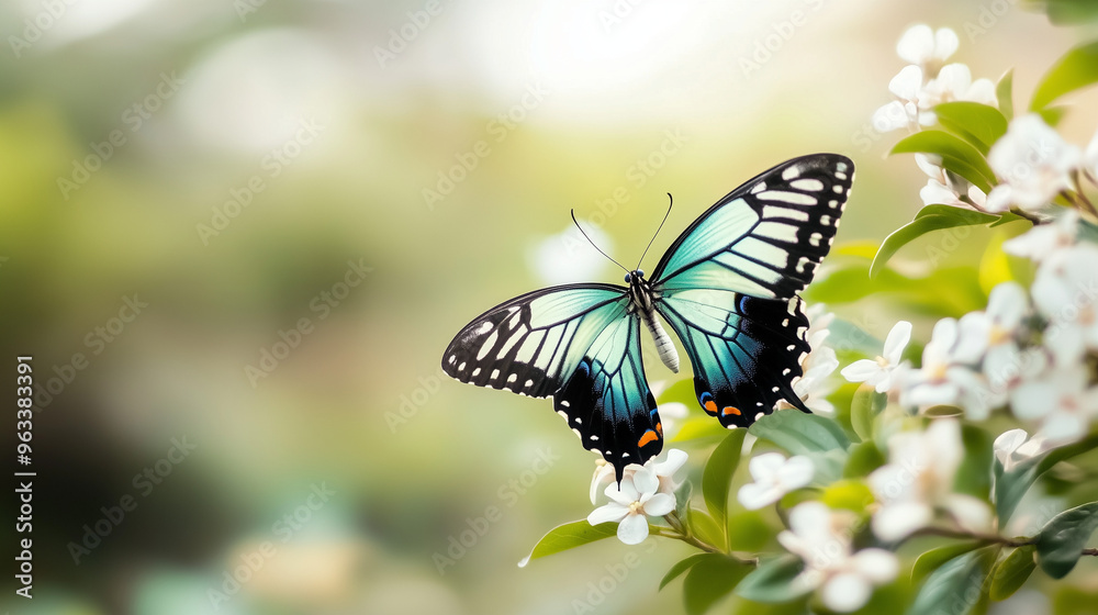 Blue Butterfly on White Flowers. Blue Butterfly on White Flowers.
