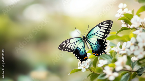 Blue Butterfly on White Flowers.