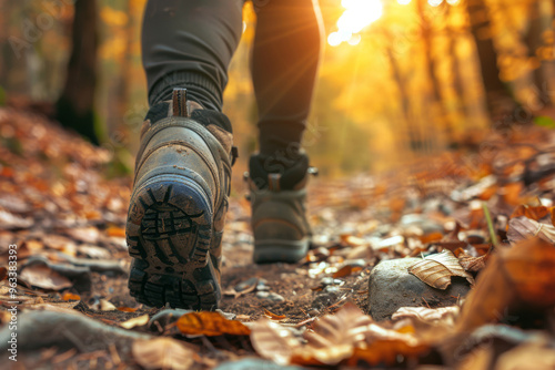 Hikers walking in forest on path covered with autumn leaves