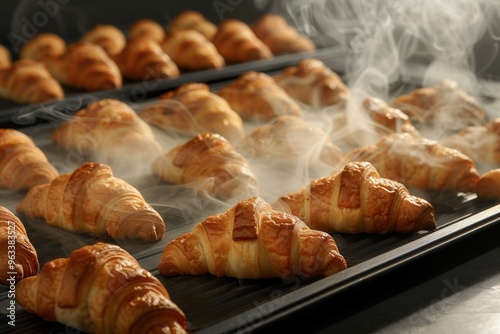 Two freshly baked tray of French croissants with steam coming off them photo