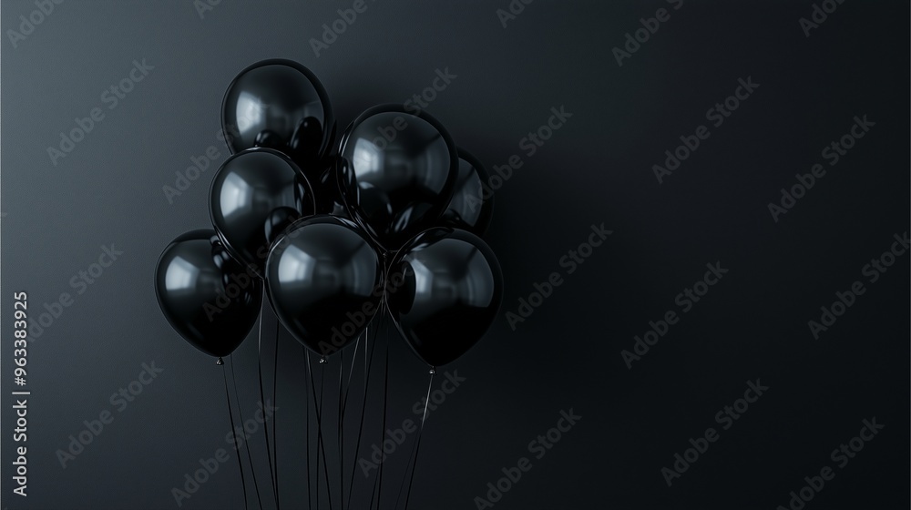 A close up black glossy ballon’s arranged in a cascading cluster and floating effortlessly against a sleek minimal dark background A close up black glossy ballon’s arranged in a cascading cluster and floating effortlessly against a sleek minimal dark background