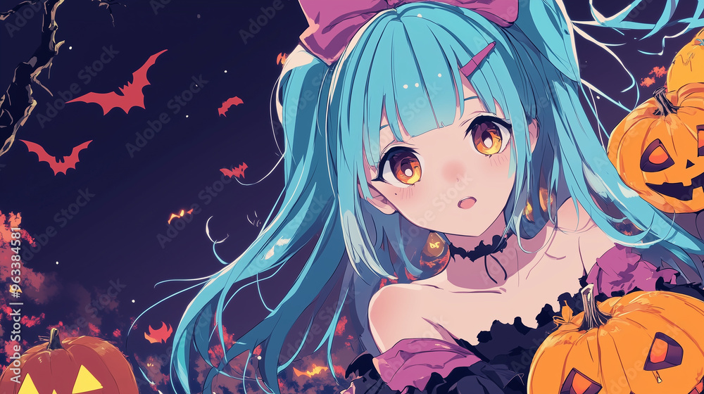 Cute and beautiful anime Halloween witch with Jack-o-lantern Cute and beautiful anime Halloween witch with Jack-o-lantern