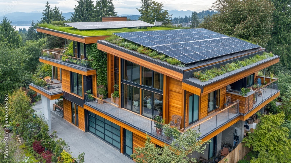 Modern, sustainable home with solar panels and green roof. Modern, sustainable home with solar panels and green roof.