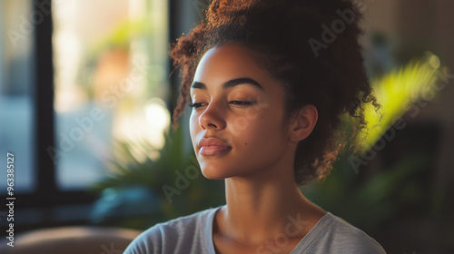 Close-up of a calm, serene therapist sharing her motivation in a well-lit, natural setting. photo