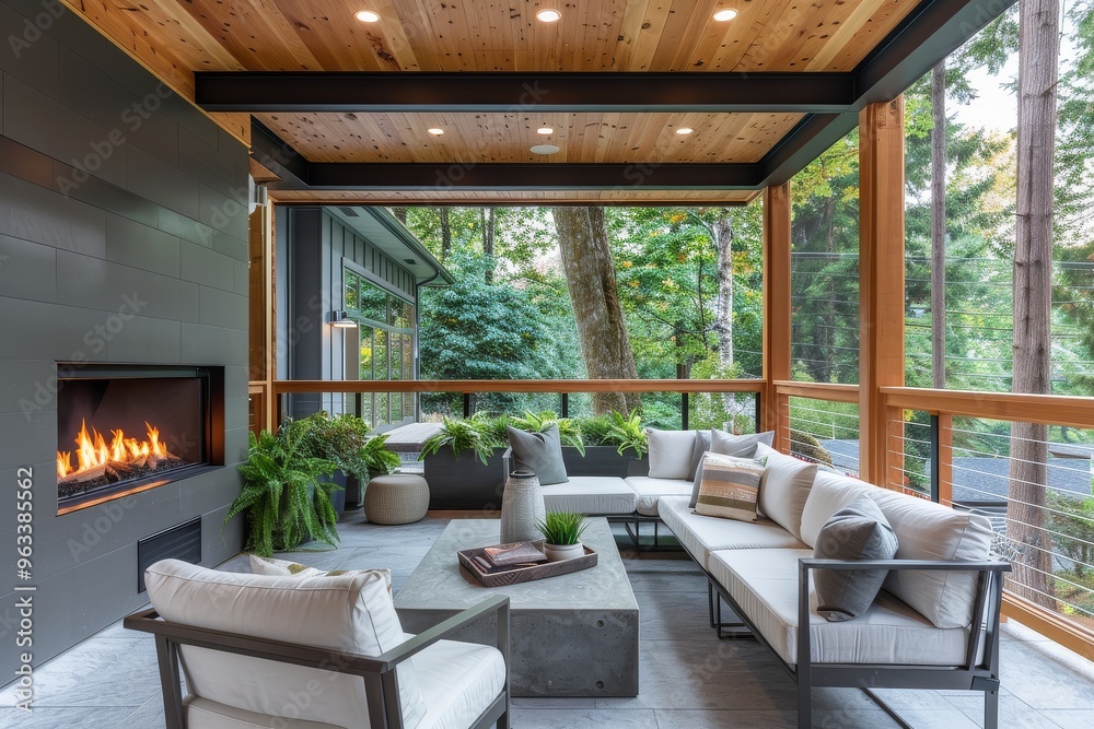 Fototapeta premium Modern covered porch with fireplace, concrete flooring, white chairs, and large windows, surrounded by wood fence and greenery in Seattle home exterior.