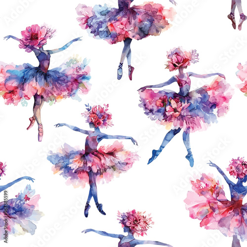 Watercolor Flower Ballerinas Seamless Pattern on White Background. Illustration
