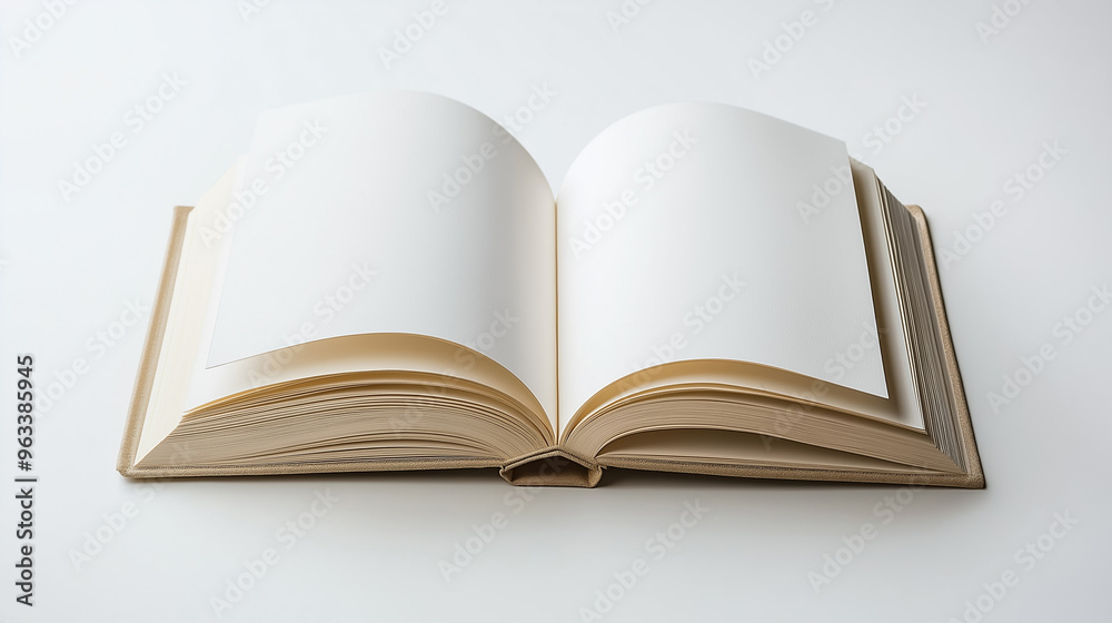 An open blank book with cream-colored pages laid flat on a white surface, ready for writing or creativity An open blank book with cream-colored pages laid flat on a white surface, ready for writing or creativity