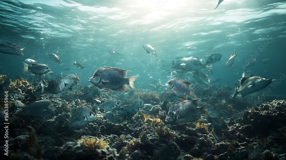Depleted fish stocks in an overfished and warming ocean, highlighting the ecological imbalance and threats to food security posed by climate change. Depleted fish stocks in an overfished and warming ocean, highlighting the ecological imbalance and threats to food security posed by climate change.