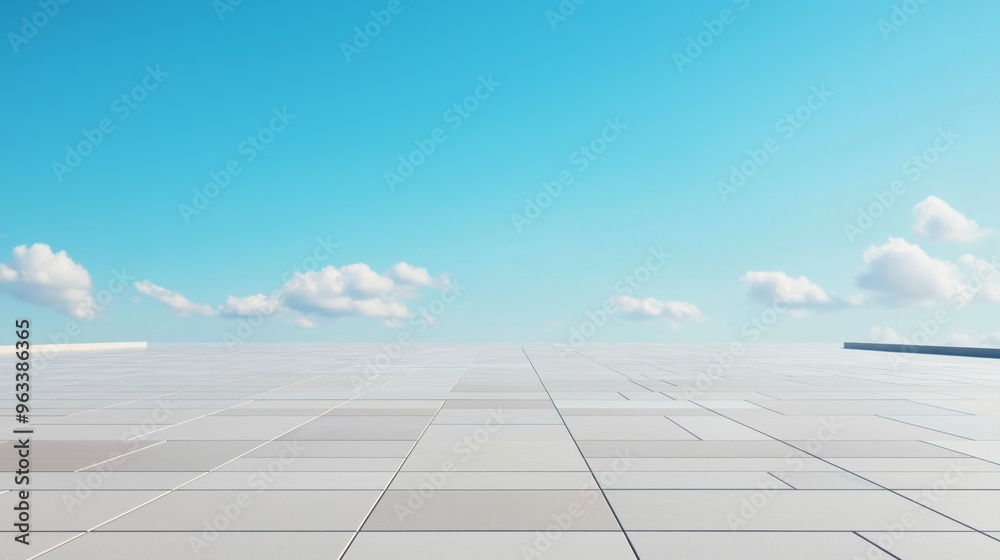 A vast open space with clear blue sky and scattered clouds, featuring minimalist tiled flooring under bright sunlight. A vast open space with clear blue sky and scattered clouds, featuring minimalist tiled flooring under bright sunlight.