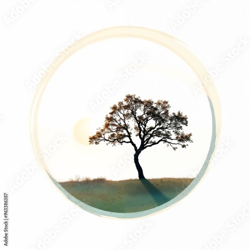 tree in the sun, Watercolor illustration of a tree in a glass sphere