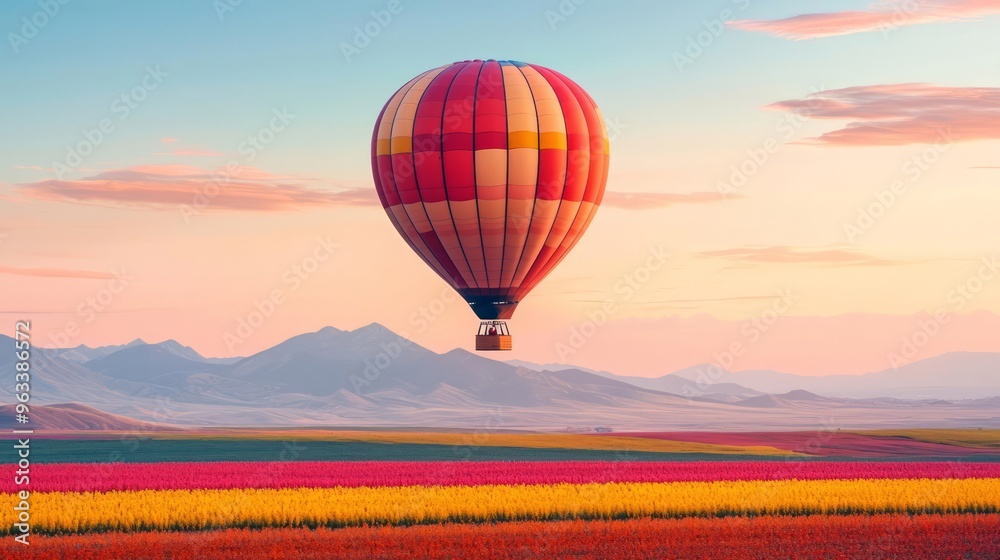 Fototapeta premium A hot air balloon floating over colorful fields