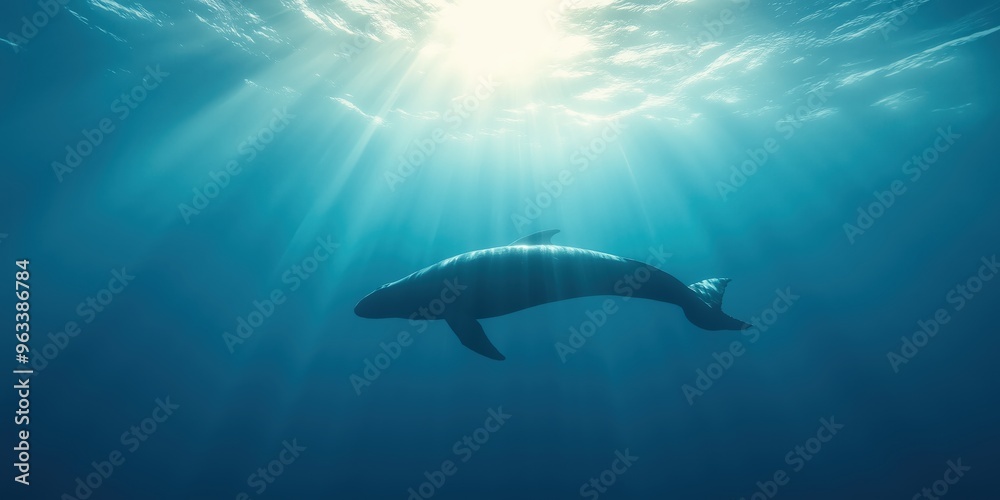 Fototapeta premium A whale swimming under the ocean with sunlight shafts making their way in the water 
