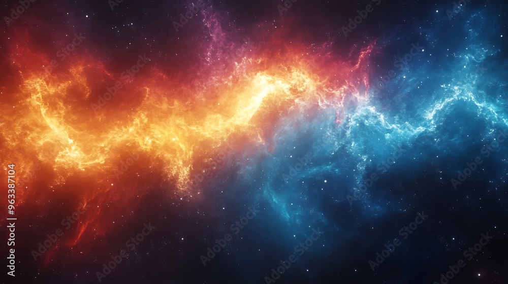 Abstract cosmic background with fire and ice, blue and orange, bright and vibrant. Abstract cosmic background with fire and ice, blue and orange, bright and vibrant.