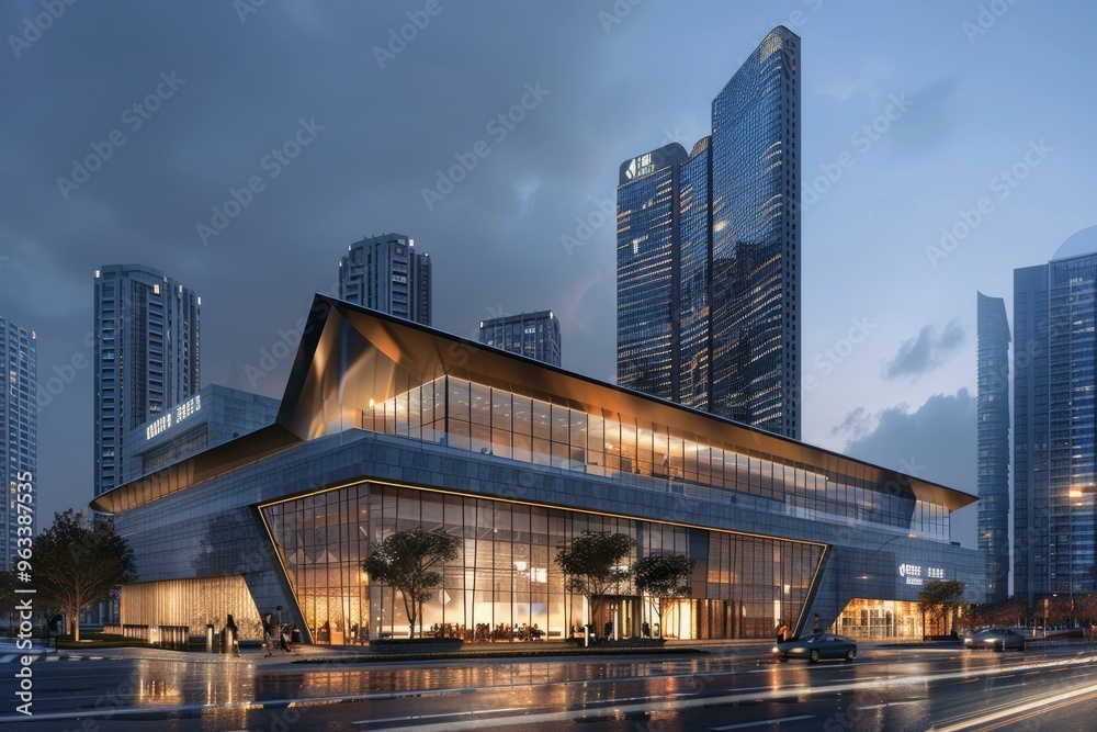 Naklejka premium Modern convention center with a striking glass facade stands prominently in a bustling urban city center, illuminated by the warm glow of dusk