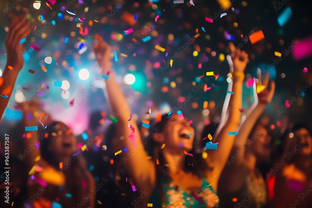 Joyful Celebration with Colorful Confetti and Excited Faces of Happiness Joyful Celebration with Colorful Confetti and Excited Faces of Happiness