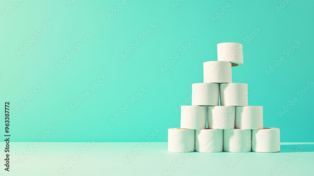 Stack of white toilet paper rolls against turquoise background Stack of white toilet paper rolls against turquoise background