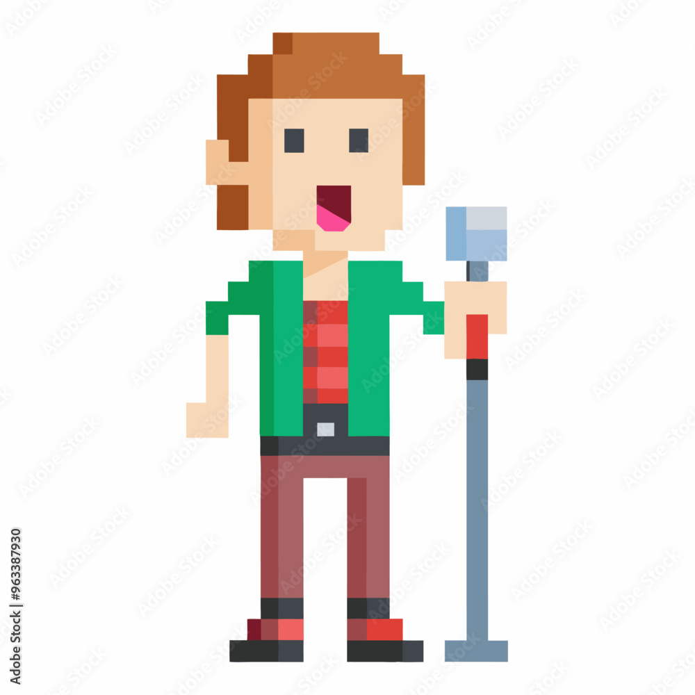 Retro Pixel Art Singer with Microphone on White Background Retro Pixel Art Singer with Microphone on White Background