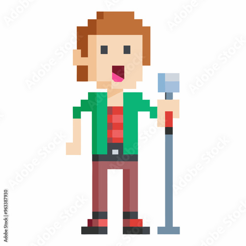 Retro Pixel Art Singer with Microphone on White Background