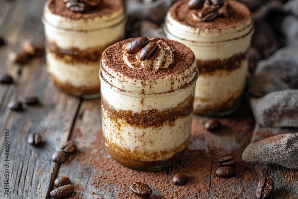 Individual servings of espresso tiramisu in mason jars, with a sprinkle of cocoa powder and a coffee bean garnish
