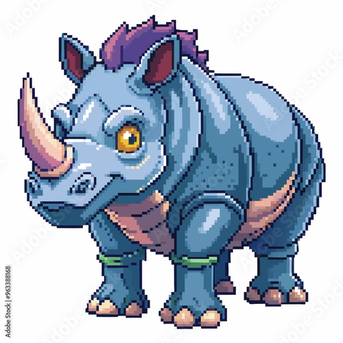Colorful Pixel Art Friendly Blue Rhino with Purple Hair and Green Bangles