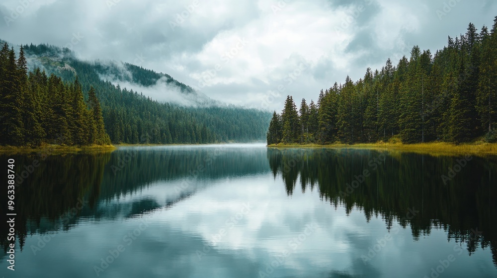 An exquisite lake with a forest backdrop. The water is calm, but the sky is overcast. An exquisite lake with a forest backdrop. The water is calm, but the sky is overcast.