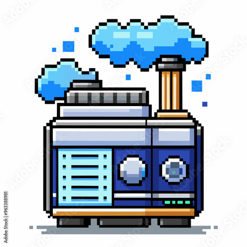 Colorful Pixel Art Factory with Smoke Stacks Emitting Blue Clouds