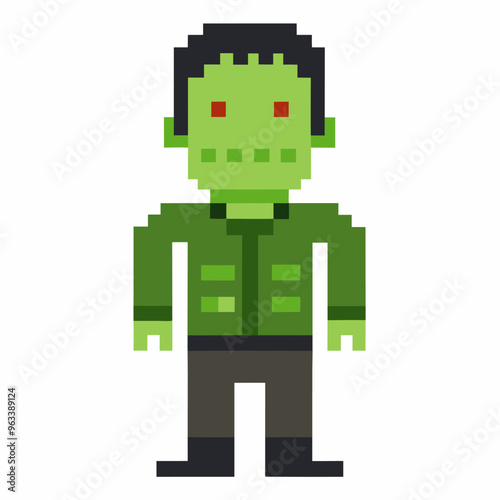 Pixel Art Monster Character in Green Jacket with Red Eyes on White Background