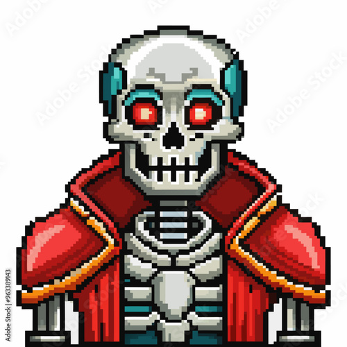 Pixel Art Skeleton Warrior in Red Cloak with Glowing Eyes