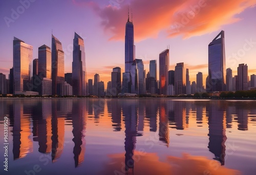 A modern city skyline with tall skyscrapers reflected in the calm waters at sunset, with a vibrant orange and purple sky