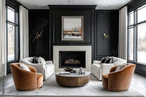A modern living room boasting an art deco style with a fireplace framed by a black wall.