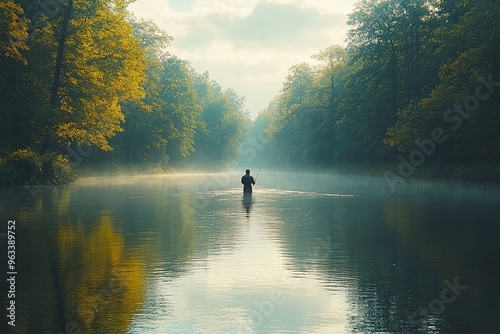 A picturesque view of a person fly fishing in a serene river with surrounding nature reflecting in the water