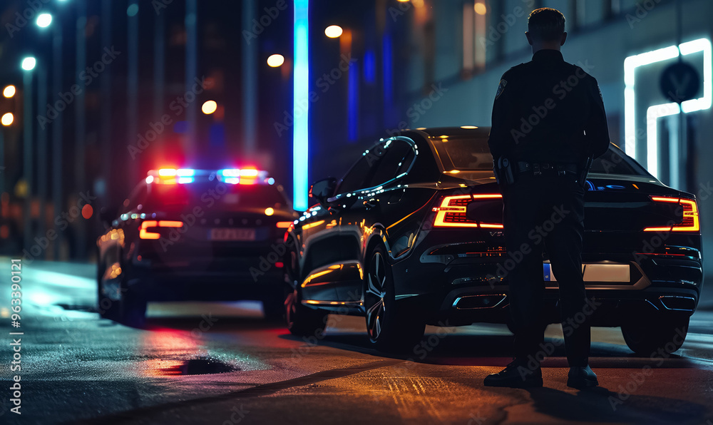 Naklejka premium A police officer stands near patrol cars on a misty street at night, with blue and red lights reflecting on the wet road, creating a tense atmosphere of a potential crime scene